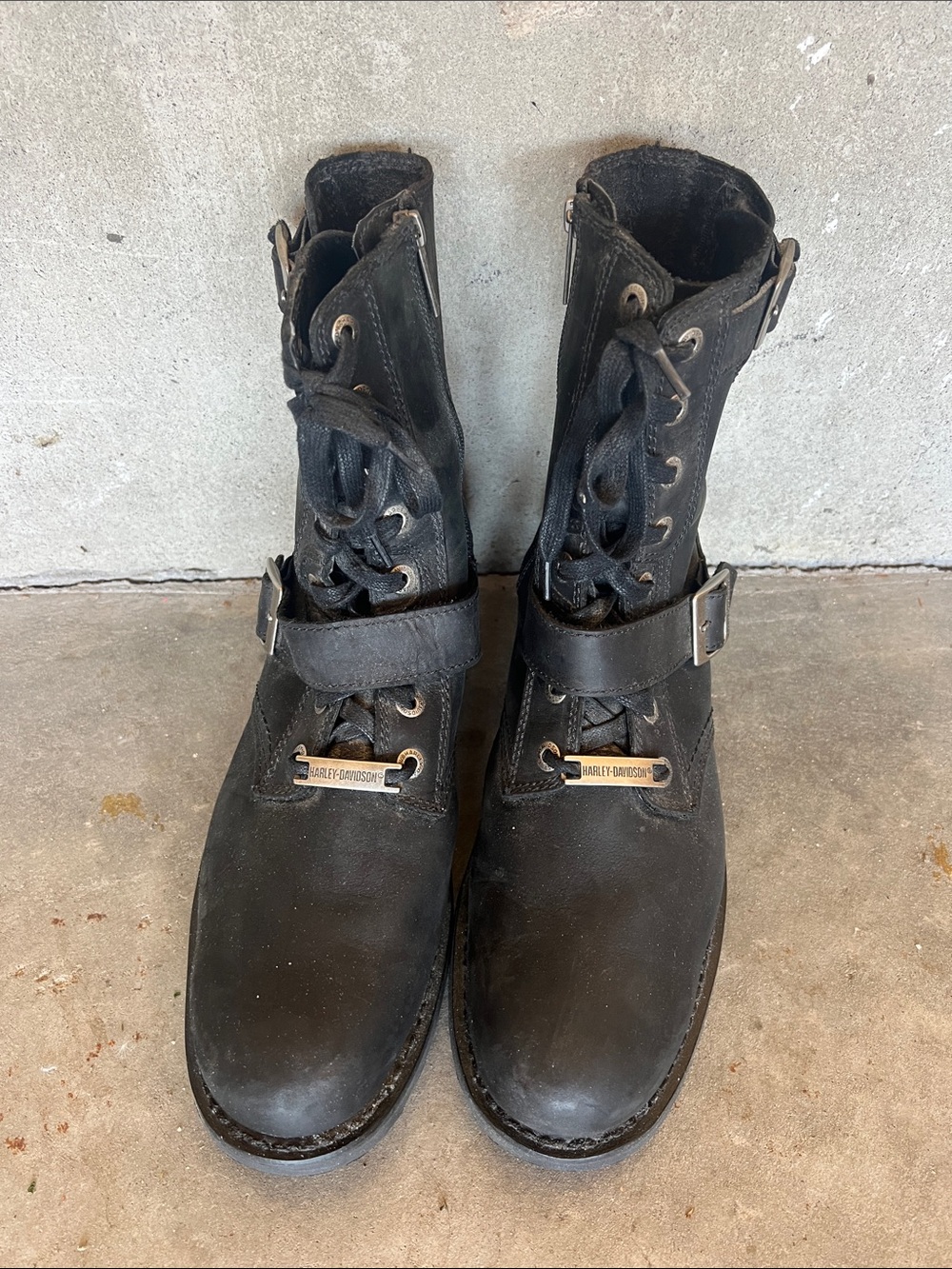 Harley-Davidson Black Leather Lace-Up Buckle Motorcycle Boots